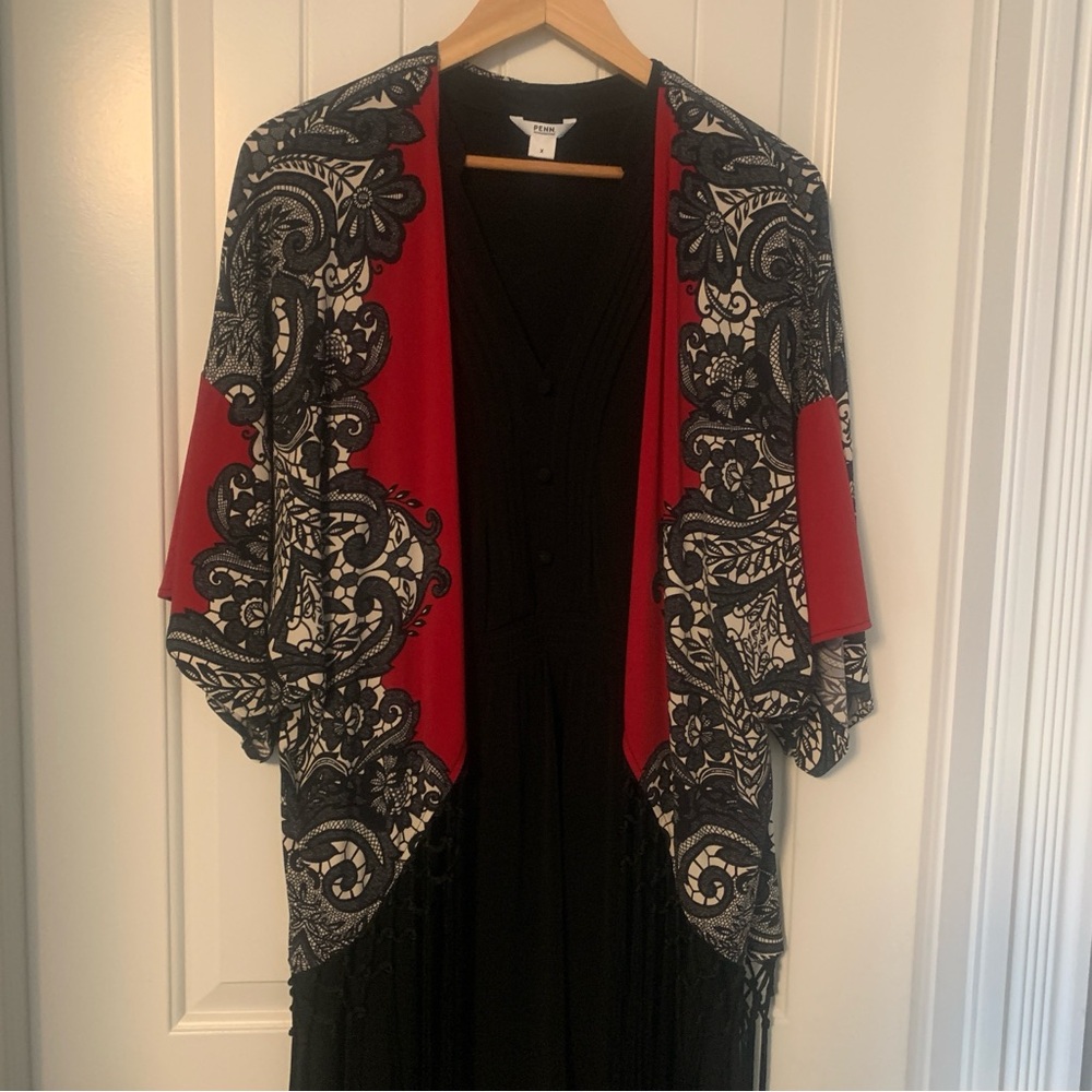 Joseph Ribkoff  red/black kimono, fringe, size 6 boho lightweight